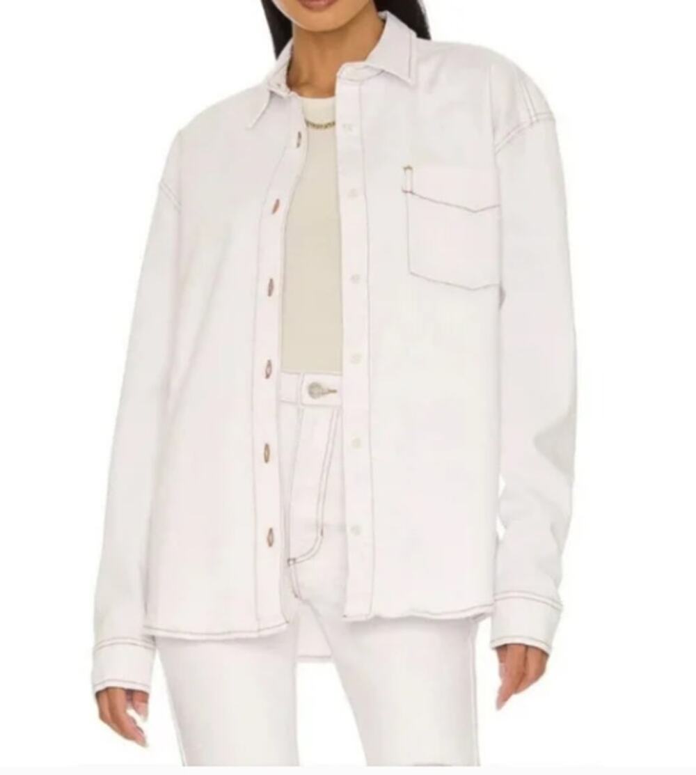 We Wore What White Contrast Stitch Denim Button Down Long Sleeve Top Size Medium